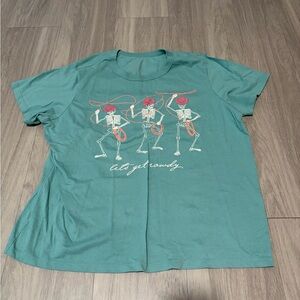 Zoe + Liv Teal Graphic Short Sleeve Tee with Dancing Skeletons